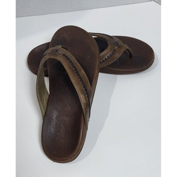 Olukai Mens Dark Brown Leather Flip Flops Sandals Size 13 - Picture 1 of 13